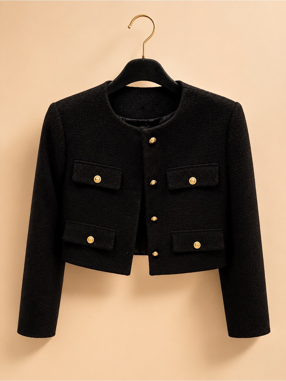 Zara Black Bouclé Cropped Blazer with Gold Buttons - Picture 3 of 3